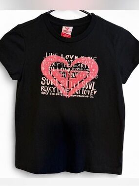BNWT VTG Roxy Black Tee with Raised Felt Pink Heart Word Art